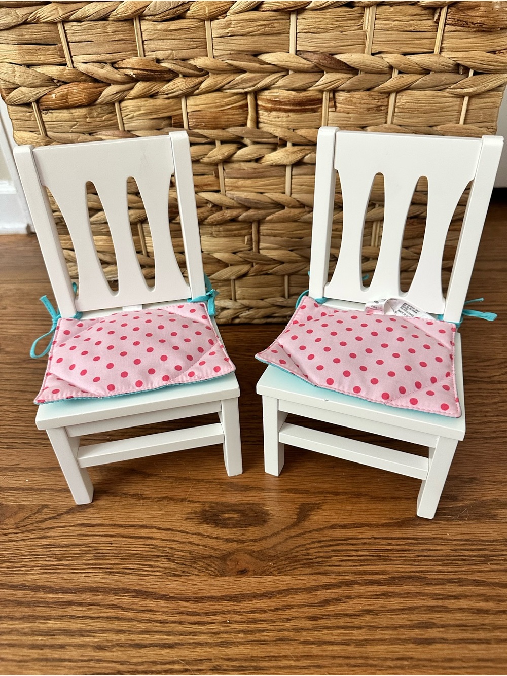 American girl doll wooden chairs with polka dot cushions